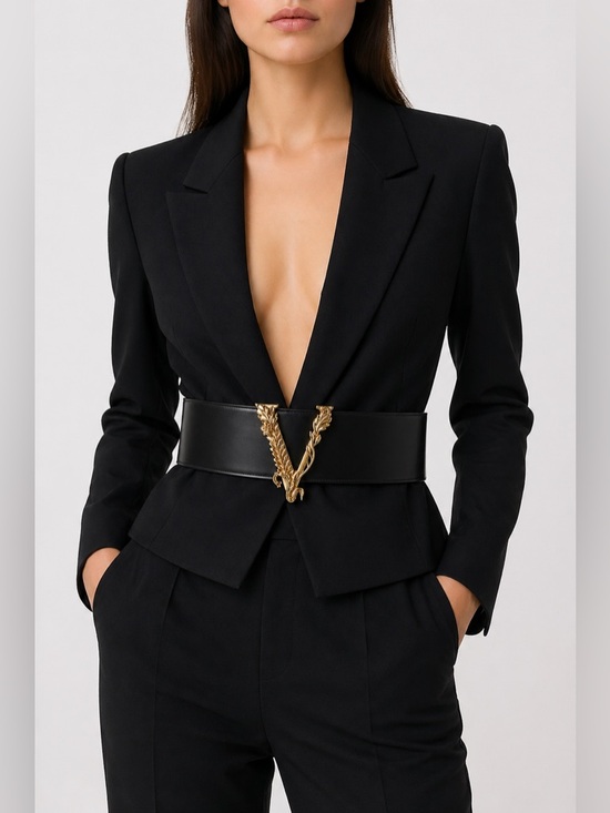 Versace Accessories - Versace Virtus Black Leather Waist Belt with Gold V Buckle